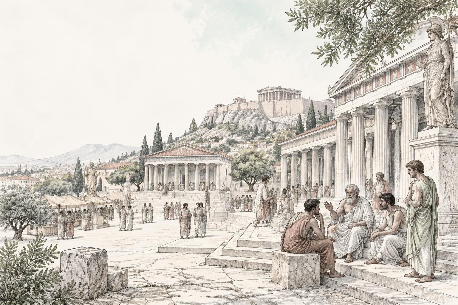 A philosophical drawing of thinkers in the ancient Agora of Athens